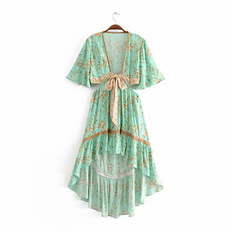 

B9520-Western Style WOMEN'S Dress 2019 Summer New Style Vacation Style V-neck Lace-up Positioning Floral Printed Dress