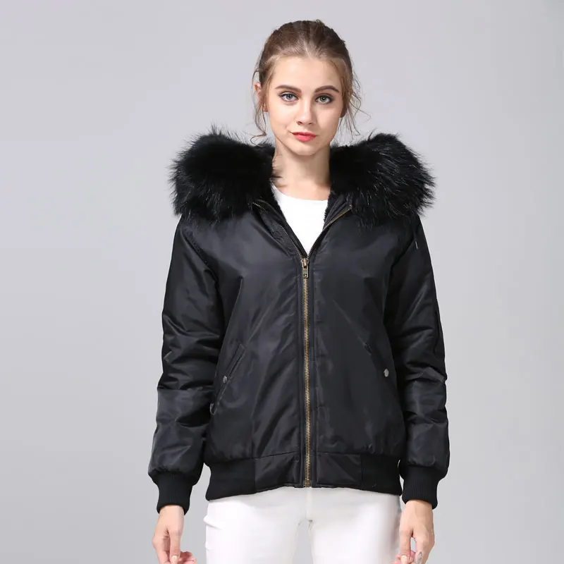 Black bomber fur jacket casual winter elegant fur lined female wear