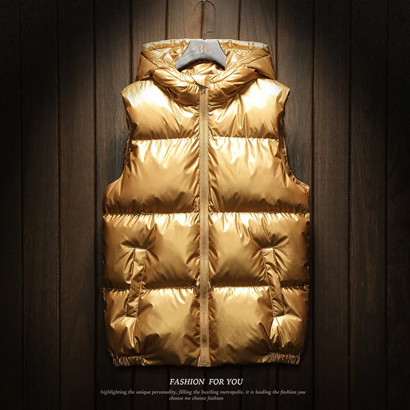 Золотой Модные новые мужские зимние жилеты Зимняя яркая с капюшоном мужская жилетка качественная Толстая зимняя жилетка размера плюс M-5XL мужская зимняя куртка - Цвет: Золотой