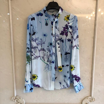 

2020 100% silk Shirt Women Tops and Blouses Korean Vintage Blouse Women Spring Autumn Print Blusas Mujer De Moda