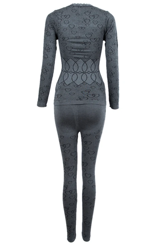 Women Round Neck Thermal Set Winter Tops&Pants Long Johns Pajama Sets Gray