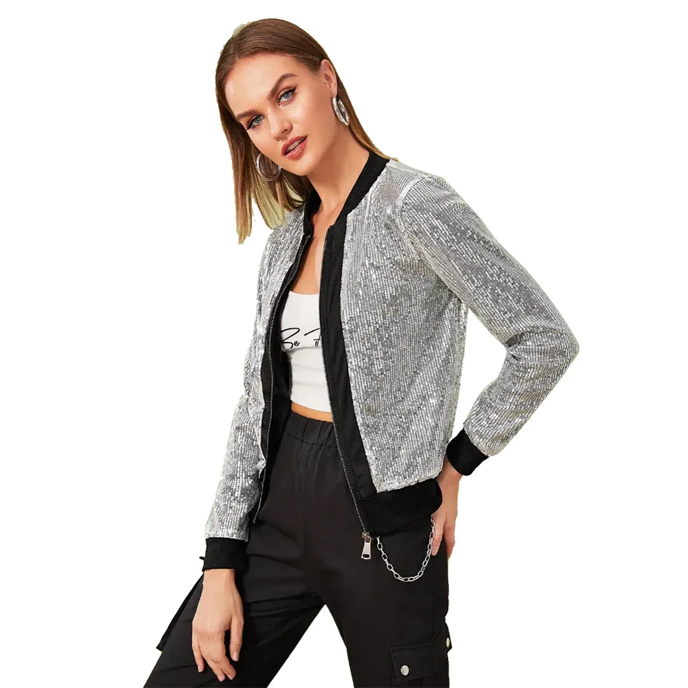 Echoine Women's casual silver sequin bomber jacket female sexy streetwear windbreaker ladies coats autumn winter outerwear - Цвет: Серебристый