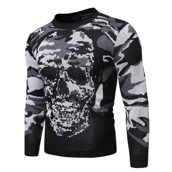 

2020 Autumn Winter New Stretch Slim Round Neck Camouflage Skull Men Sweater Casual Plus Size Loose Knit Sweater Free Shipping