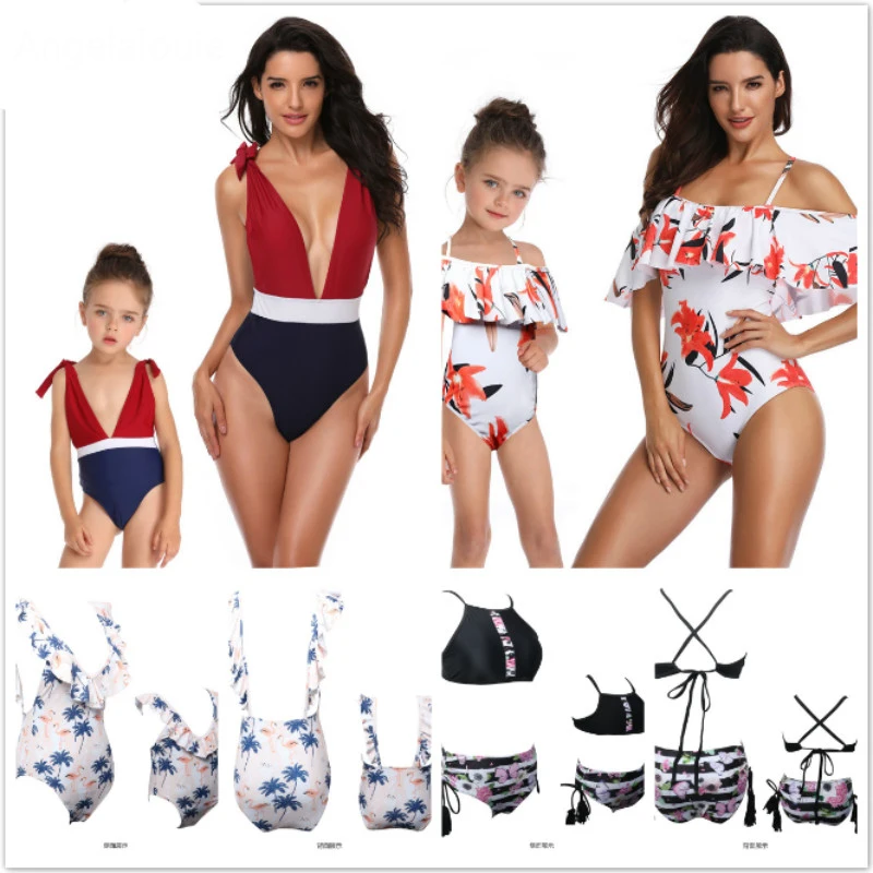 

2019 Newest Mother and Daughter Swimsuit Floral Printing Swimwear for Mom Girls Piece Double Lotus Leaf Parent-Child Swimwear