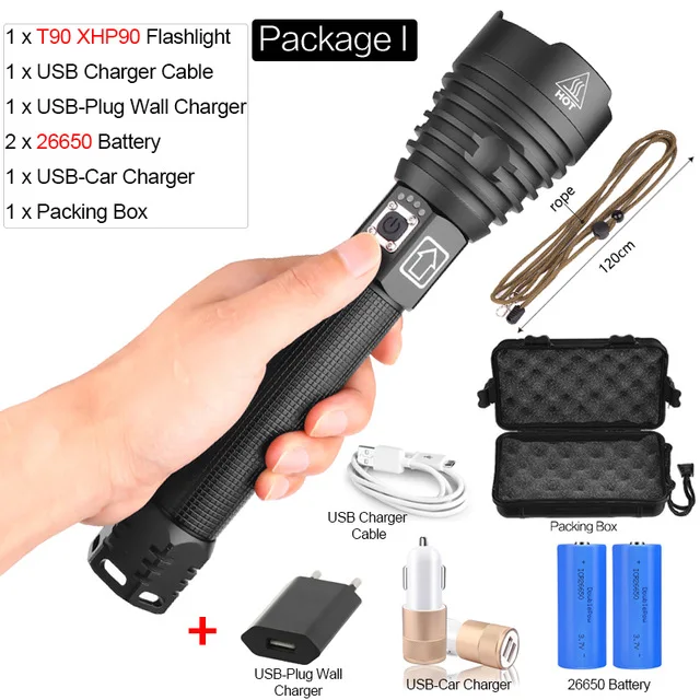 Package I XHP90 самый мощный светодиодный фонарик XLamp 18650 26650 Zoom Torch XHP70.2 USB Перезаряжаемый тактический фонарь для кемпинга охота лампа - Испускаемый цвет: Package I