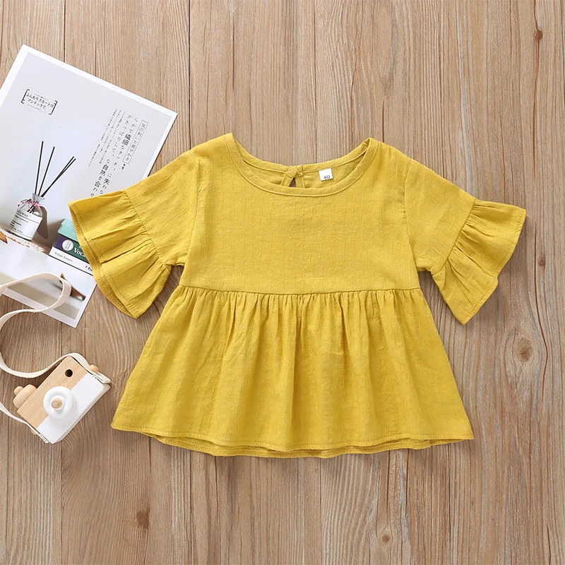 

New Style Children Girls' Shirt Summer Europe And America Fashion Solid Color Flounced Sleeves round Neckline T-shirt Shirt Dres