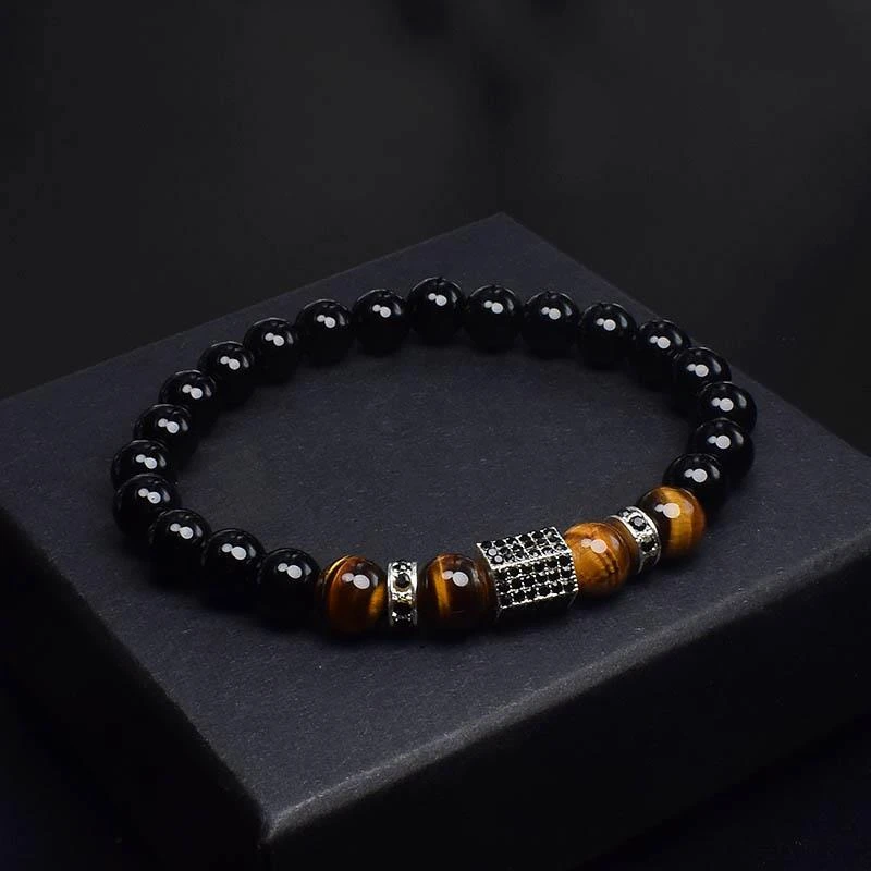 Pulsera elástica Punk para hombre, brazalete de cuentas de piedra de ojo tigre de circón joyería, bisutería|Pulseras de hilo| - AliExpress