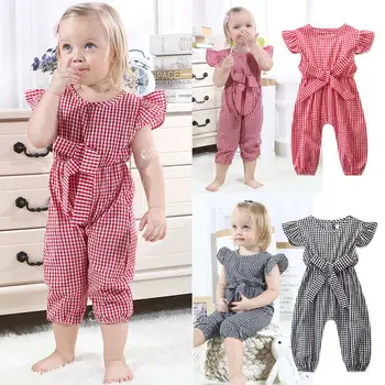 

2019 Summer New Infant Newborn Baby Girl Fly Sleeve Plaid Casual Playsuit Jumpsuit Outfit Clothes
