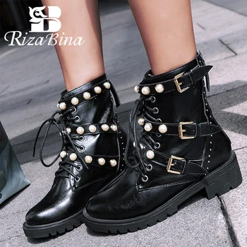 

RIZABINA Genuine Leather Leisure fashion Boots Pearl Woman Shoes Casual 3 Buckles Boots Shoes Woman Female Boot Size 34-39
