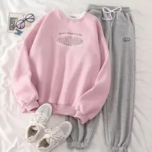 2021 Autumn Winter Pink Two Piece Set Velvet Suit Women Embroidery Round Neck Pullover Loose Sports Harem Pants Women Clothing