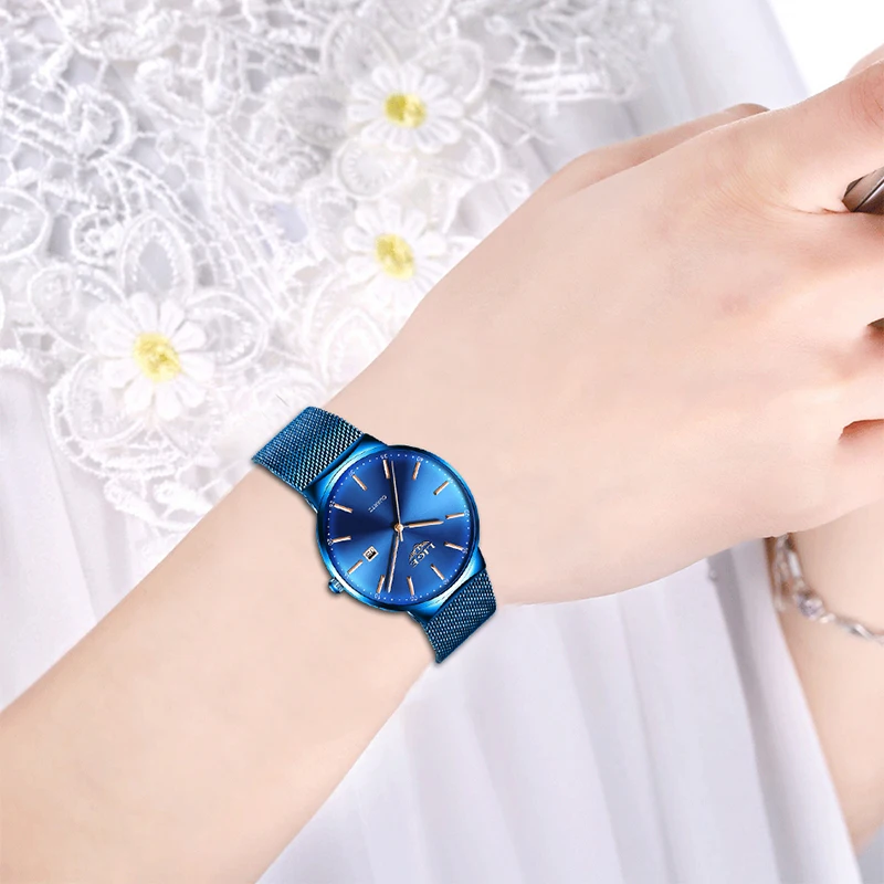 LIGE Womens Watches Top Brand luxury Analog Quartz Watch Women Full Blue Mesh Stainless Steel Date Clock Fashion Ultra-thin Dial