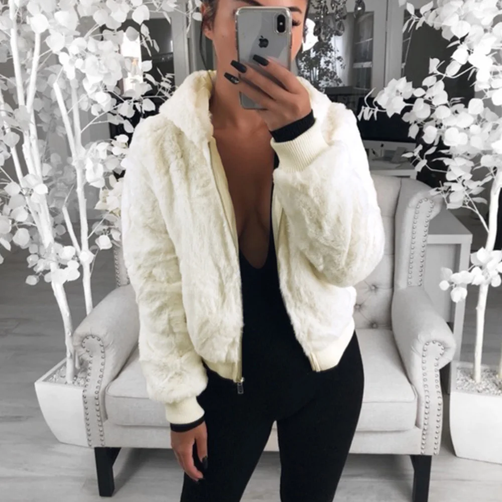 Faux Fur Coat Women With Hood New Oversize Coats High Waist Female Slim Fit Overcoat Tops Winter Warm Plush Jackets Outwear