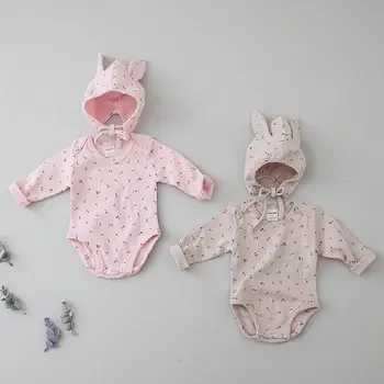 

2020 New Autumn Baby Bodysuit Cute Cherry Print Cotton Long Sleeve Infant Baby Girl Boy Jumpsuit Outfits Kids Clothes With Hat