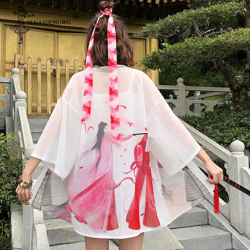 Printed Chiffon Cardigan Kimono Outerwear Sun Protection Asian Shirts Cosplay Costume Japanese Kimono Traditional Yukata Women