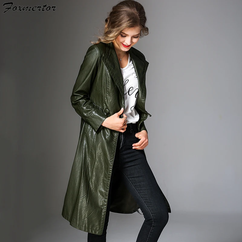 Foxmertor Brand Fashion Women Pu Leathers Trench Coat Female Overcoat Autumn Long Sleeve Belt Long Coat Ladies Windbreaker Black