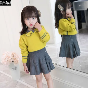 

Girl Autumn Knitted Dress Sets Children Girls Korean Fashion Sweaters Top+Pleated Dress 2pc Dress Set Suit Kids Cute Dresses