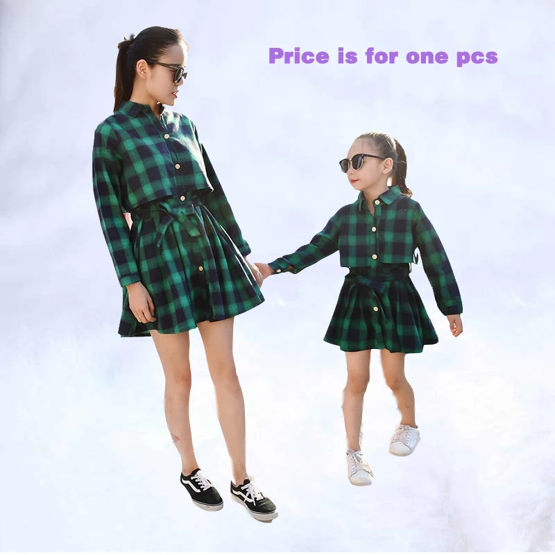 Mommy and me dress Spring Cotton Plaid Print Matching Mother Daughter Clothing Girl Family Look Mom And Daughter Dress Outfits - Цвет: ELAN171Green