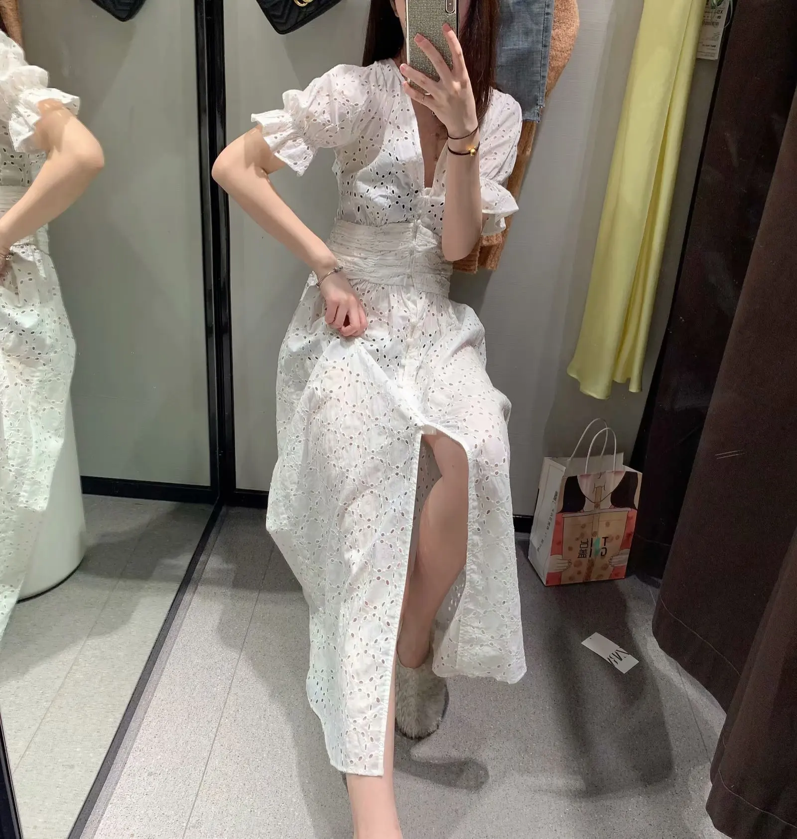 Spring New Style Europe And America WOMEN'S Dress-Style Solid Color Hollow out Embroidered V-neck Single Breasted Dress Big Skir