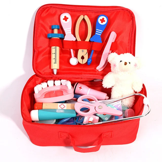 Doctor Toys Kids Wooden Pretend Play Kit Games for Girls Boys Red Medical Dentist Medicine Box Cloth Bags for Children Set Gift 3