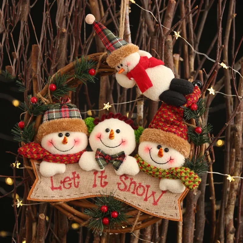 

Christmas Rattan Wreath 4 Plush Dolls Front Hanging Pendant Ornaments For Christmas Party Wall Decor Drop Ornaments