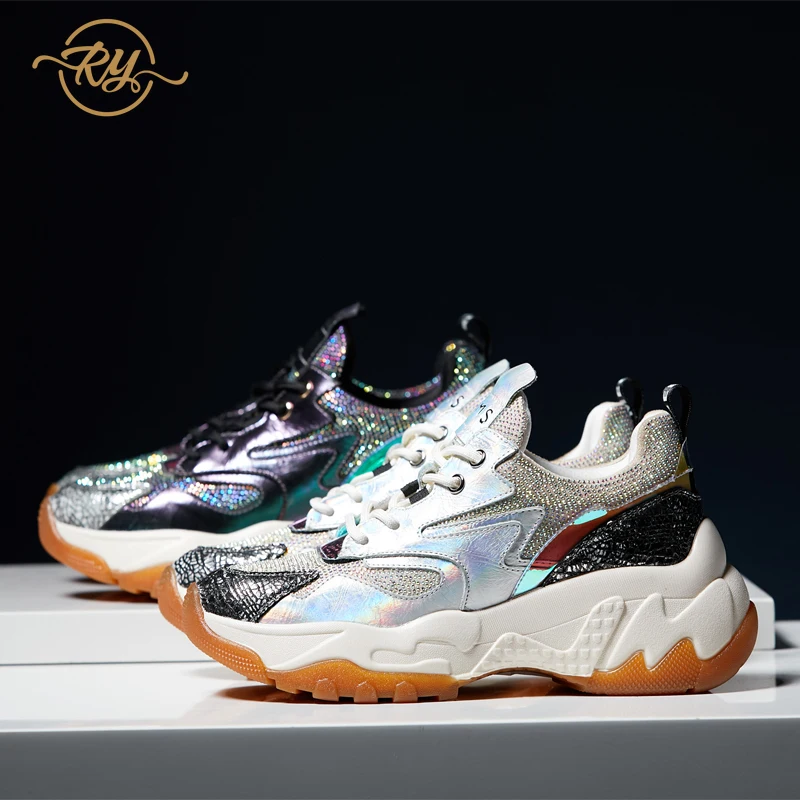 

RY-RELAA sneakers women Rhinestone sneakers 2018 fashion Genuine Leather designer shoes ins style platform casual shoes women