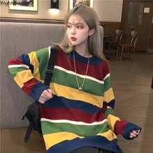 Корейский блок контрастный многоцветный Радужный сплошной полосатый свободный негабаритный свитер, вязаный пуловер Топ Harajuku Женский Мужской пуловер