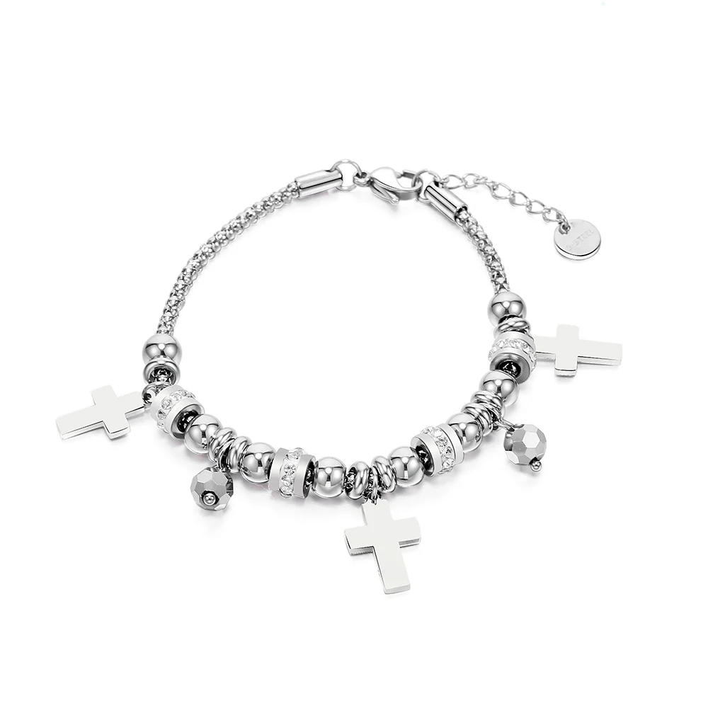 Stainless Steel Crystal Cross Charms Bracelat For Women Color Beaded