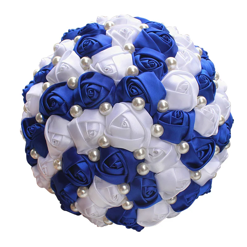 WifeLai-A 21 см атласный букет подружки невесты ручной работы цвета слоновой кости, простой жемчужный вышитый бисером Свадебный букет W322 - Цвет: royal blue white