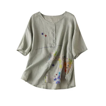 

Chinese Style Patchwork Linen Blouse Women 2020 Summer Thin Embroidery High Quality Shirt for Woman green