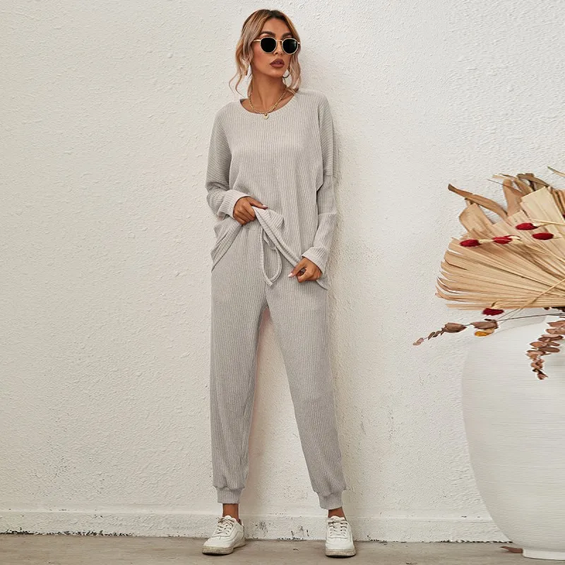 Casual Trouser Suit Women Outfit Long-Sleeved Top + Casual Pants 2-Piece Set 2021 Autumn Winter New European American Pajamas