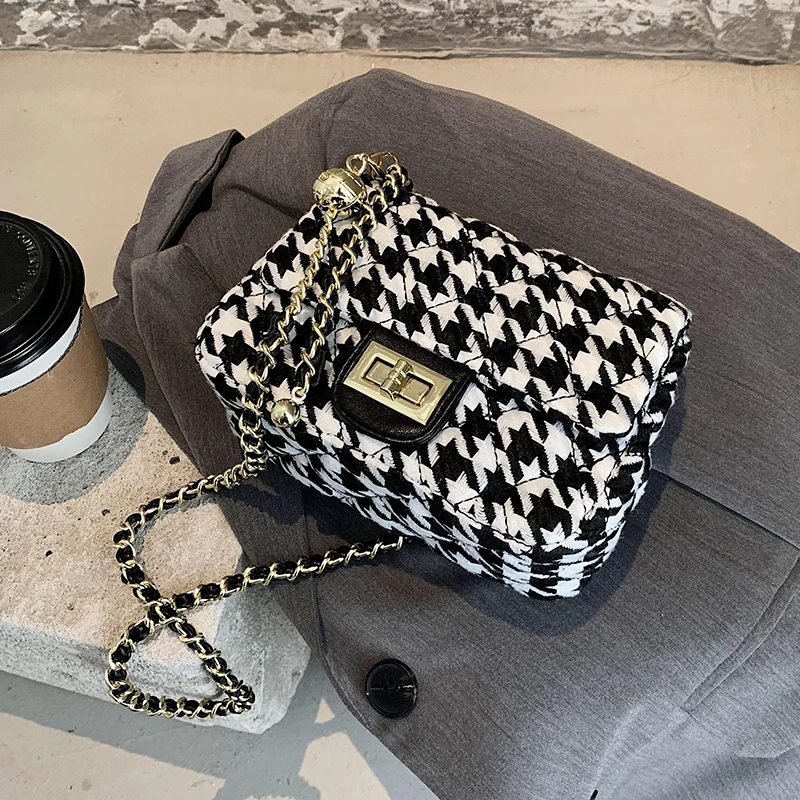 

New Flap Shoulder Bag Design Houndstooth Crossbody Bag For Women Chain Messenger Crossbody Bags Autumn Winter Handbag Female