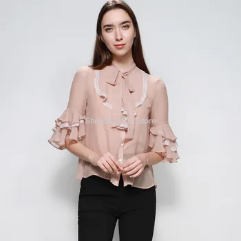 

Temperament 2020 Season Solid Color Lace Splicing Lotus Leaf Side Sleeve Loose Sun Protection Clothing Tide Shirt