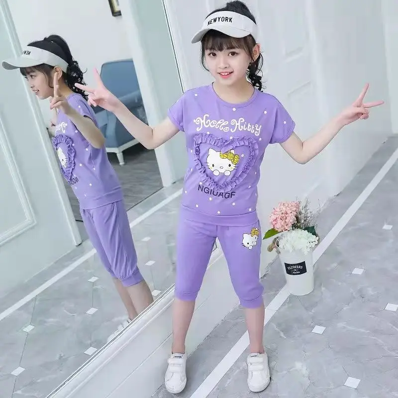 thumbnail image 1 of Hello Kitty-Camiseta de manga corta de algodón para niña, traje con pantalones cortos, Top de dibujos animados bonitos y pantalones cortos deportivos, conjunto de dos piezas, 1 of 5