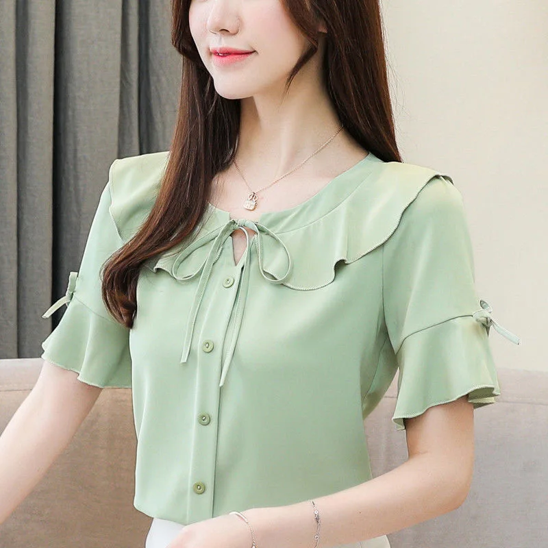 

Women Spring Summer Style Chiffon Blouses Shirts Lady Ruffles Short Flare Sleeve Chiffon Blusas Tops DF2958