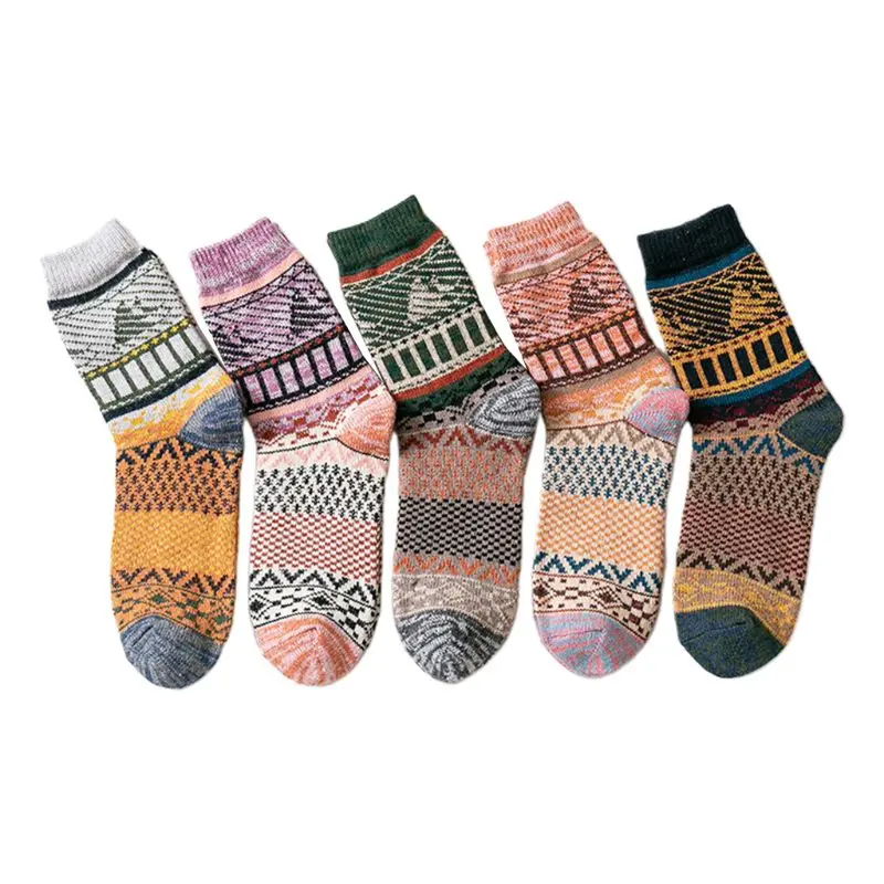 5 Pairs Ethnic Mens Chunky Knit Crew Socks Geometric Stripes Winter Warm Hosiery - Цвет: Sail