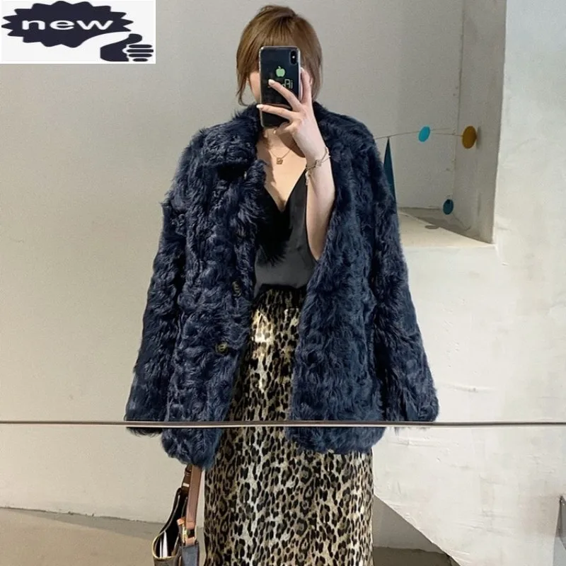 

Womens Streetwear Lambswool Coat Autumn Winter Thick Warm Short Natural Wool Jackets Elegant Office Lady Long Sleeve Outerwear