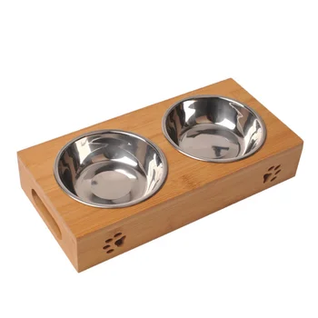 

Bamboo Wooden Stainless Steel Pet Dog Cat Food Water Dish Feeder Pet Product