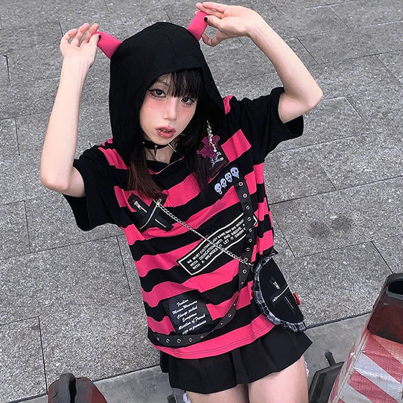 Emo Style T Shirt Summer Goth Striped Graphic Tee Y2k 2000s Egirl Grunge Punk Black Devil Ears Hoodie Women Gothic Alt Clothes | Женская