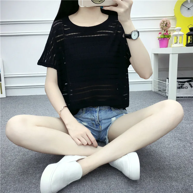 Crochet Hollow out Short Blouse Short-sleeved Top Sweater Pullover Shawl Loose-Fit Lace Shirt Small