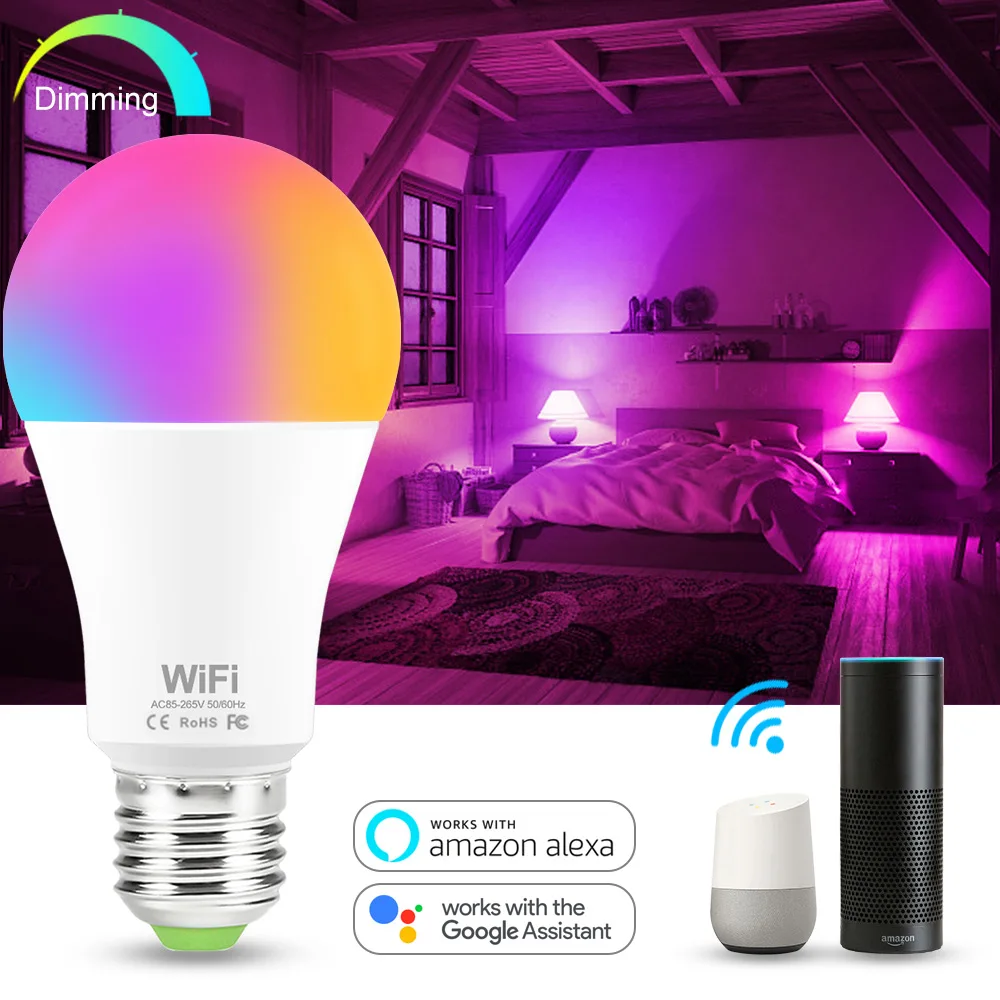 Умный Wi-Fi светильник, RGB лампа, RGB белый/теплый белый E27 B22 110V 220V Wake-Up Теплый светильник, работающий с Alexa Google, домашний декор, светильник