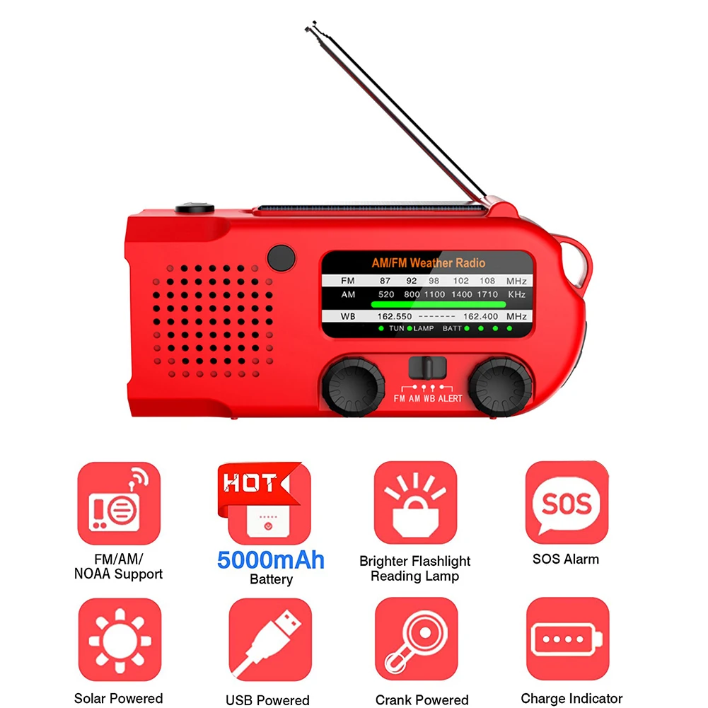 5000mah Portable Radio Hand Crank Solar Usb Charging Fm Am Wb Alert Emergency Weather With Led Flashlight Torch   | Электроника