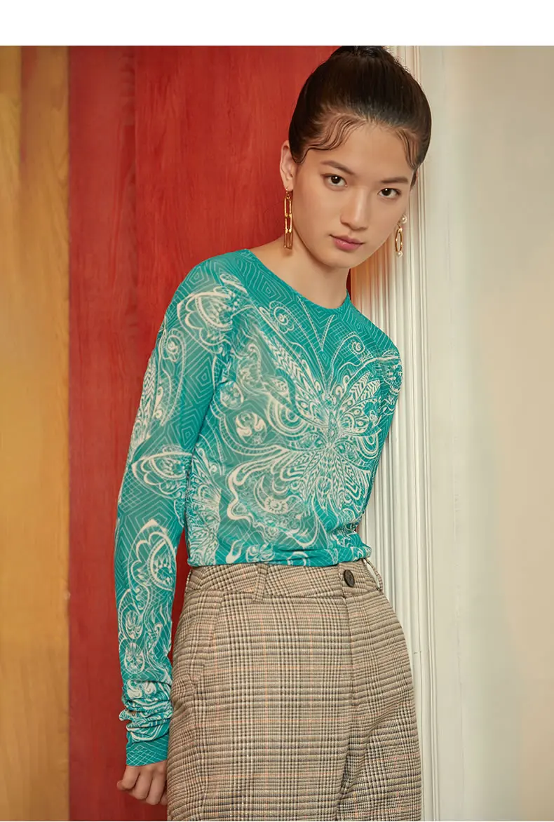 XITAO Net Butterfly Print Thin T Shirt Women Clothes Perspective Sexy Match All Tee Top Fashion Korean Autumn New WQR1685