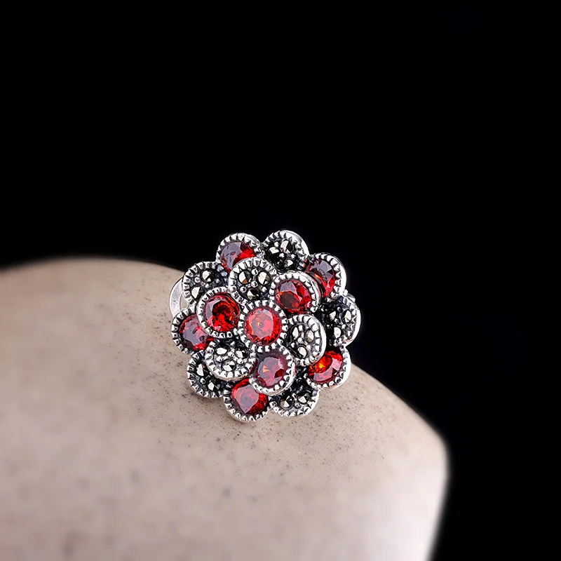 Uglyless Blooming Flower Garnet Earrings for Women Vintage Ethnic Marcasite Stud Earrings Real 925 Silver Brincos Jewelry E1540