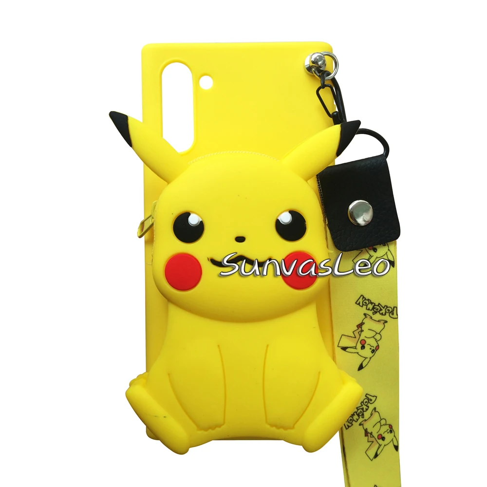 3D кошелек для samsung Galaxy Note 10/Note 10 Plus, мягкий силиконовый чехол с изображением животных из мультфильма, чехол-кошелек, чехол для телефона с цепочкой и кабелем - Цвет: Pikachu