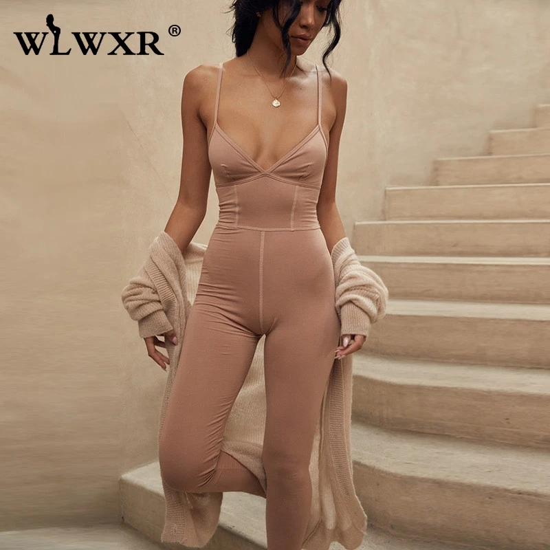 

WLWXR Spaghetti Strap Sexy Club Bodycon Jumpsuit Women V Neck Pink Summer Rompers Skinny Backless Ladies Long Jumpsuit Female