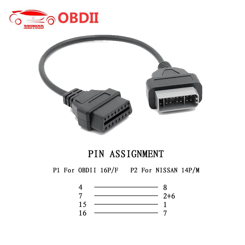 Obd2 Kábel -Adapter A Nissan 14 Csaphoz Obd Obdii 16 Pin -Női Diagnosztikai Kábelcsatlakozó Nissan 14Pin Adapter Odb2 Kábelhez