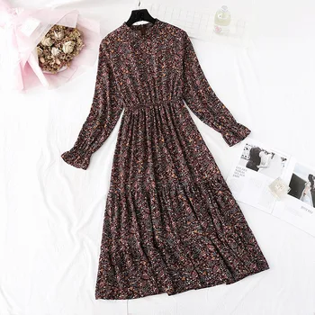 

New 2020 Spring Dress Fashion Woman Clothes Elegant Long Sleeve O Neck Lace Up Floral Printing Vintage Chiffon Dress