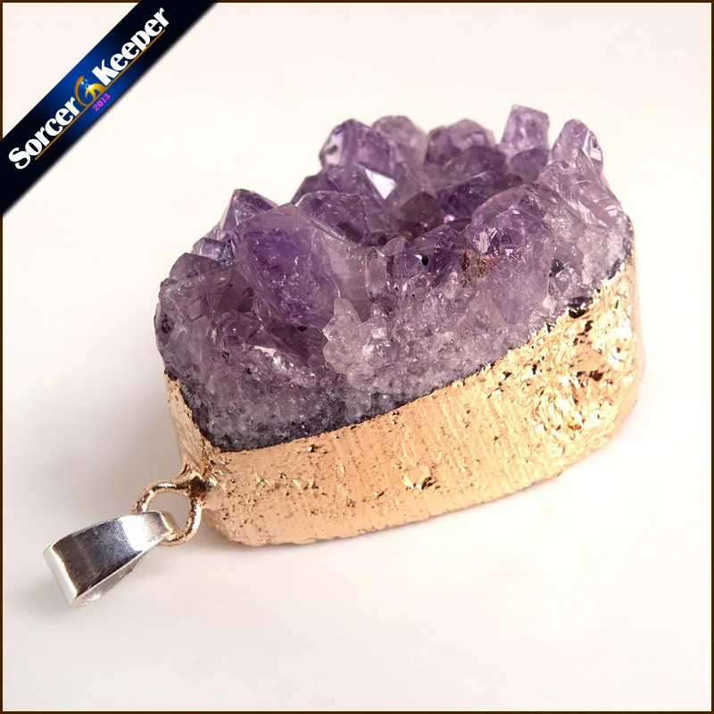 Естественный неправильной формы фиолетовый с необработанными аметистами кварцевый кристалл Кластер ожерелье с 24K золото заполненный край подходит для изготовления ювелирных изделий A905
