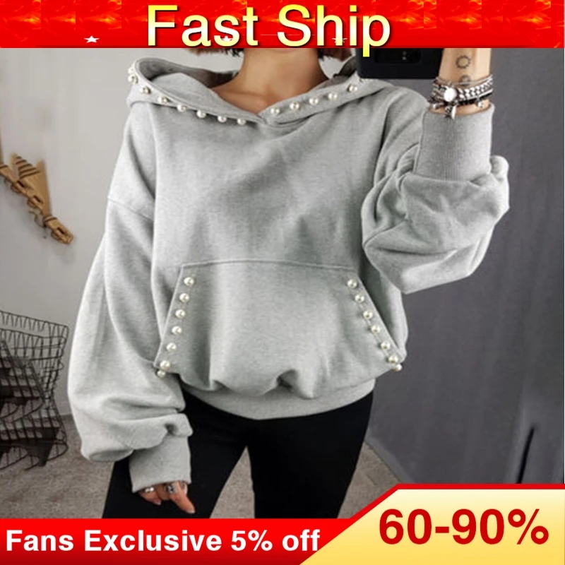 

Women Solid Hoodie Autumn and Spring Office Ladies Elegant Plain Beading Pullover Hooded Coat Korean Causal Tops Outwear Gray