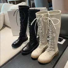 Сапоги до колена; женская обувь; женские сапоги; модные черные сапоги из искусственной кожи на плоской подошве и шнуровке; Новинка года; удобные модные сапоги; сезон осень; X392